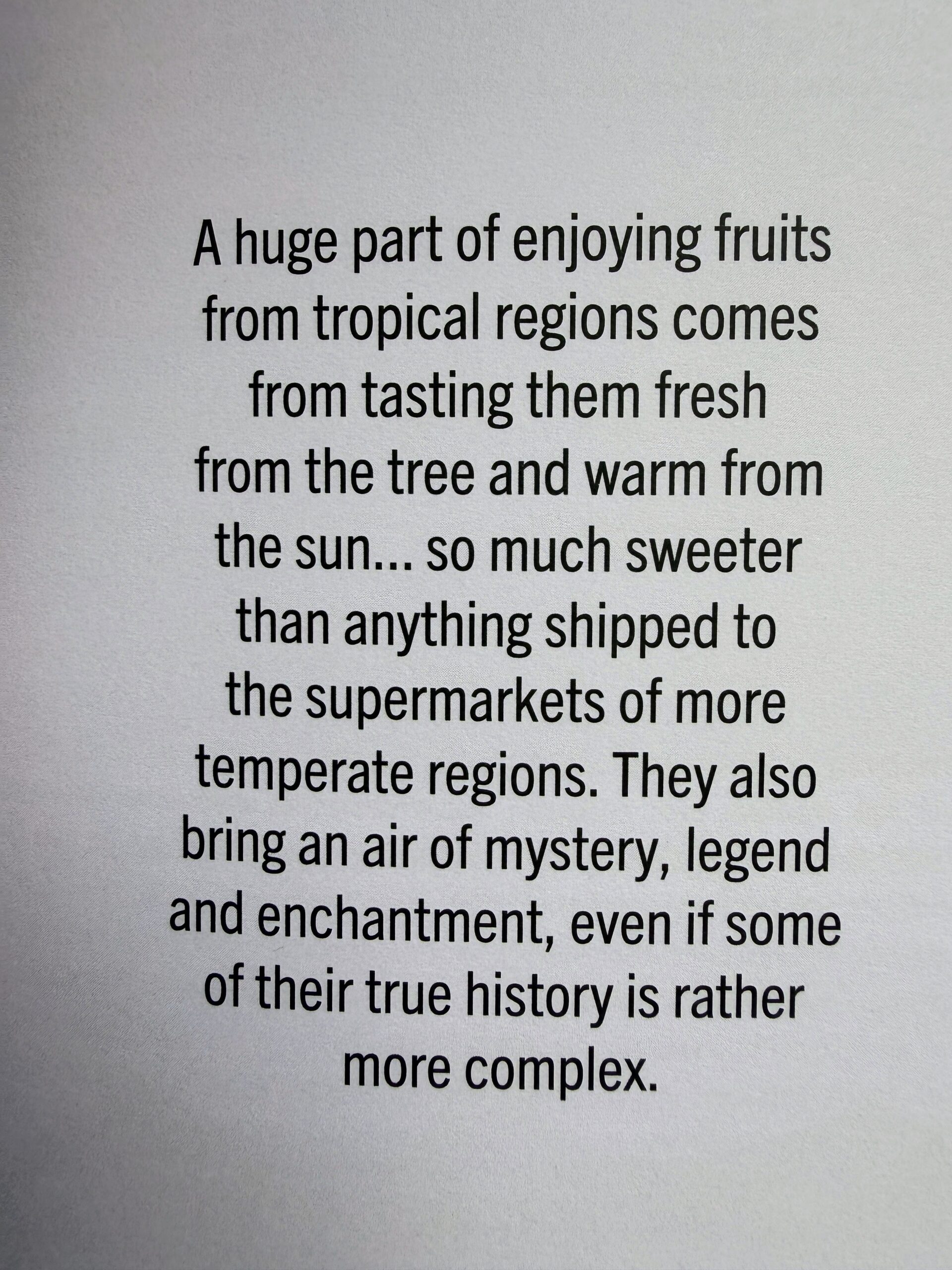 Introduction page from Witch’s Orchard discussing the mystery and folklore of tropical fruits.