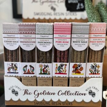 Golden resin incense stick collection with six fragrances displayed together